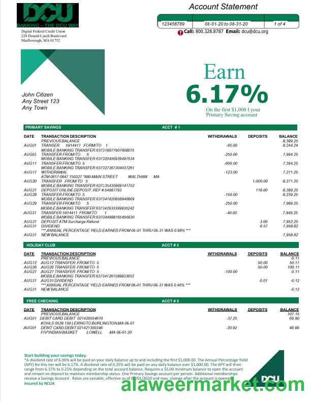 USA DCU bank statement Word and PDF template, 5 pages